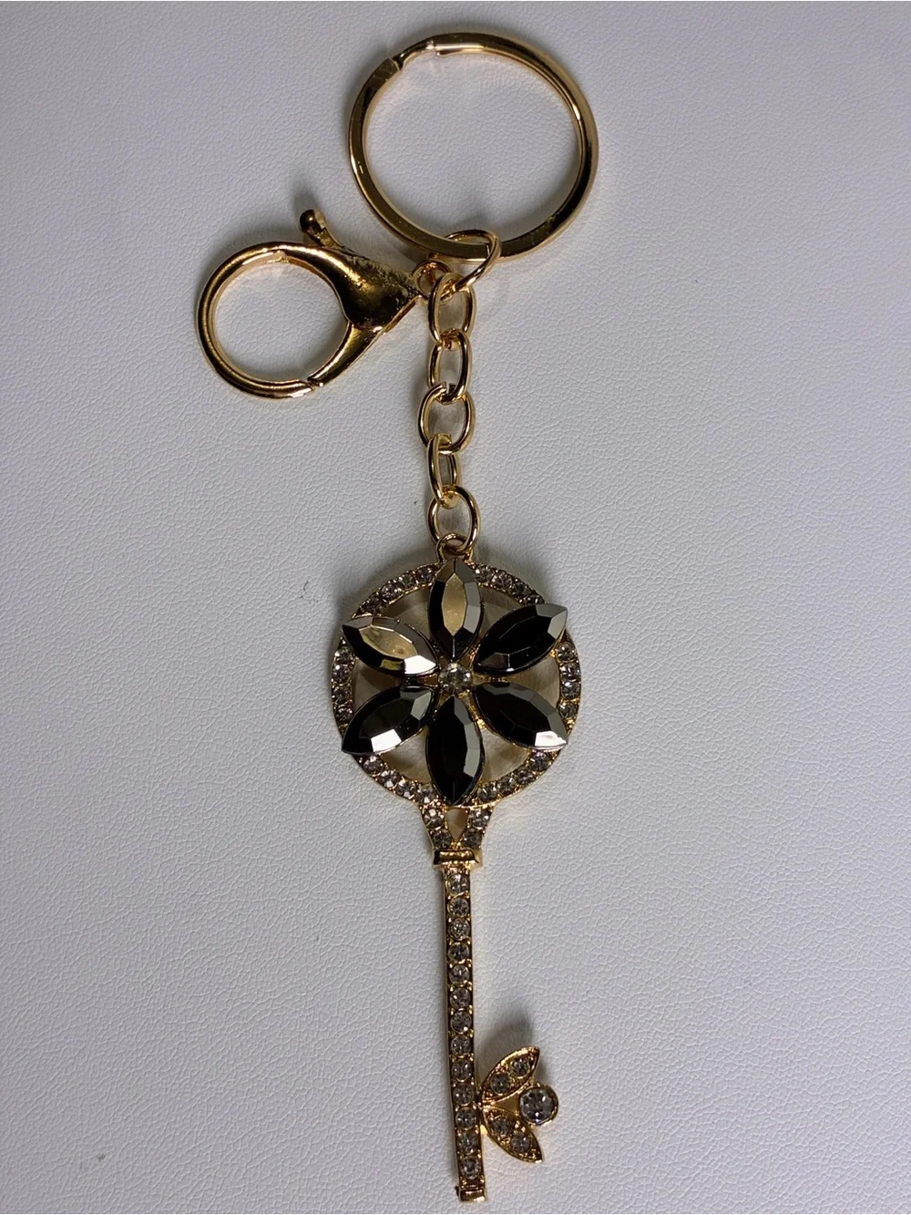 Gold Black & Clear Crystal Flower Key & Bag Charm - New Without Tags